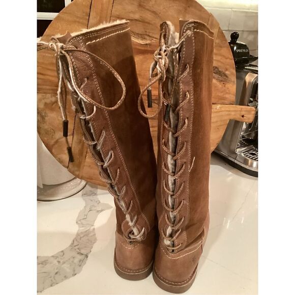 Frye Womens Celia Shearling Back Lace Boot Sz 9 Leather Fawn 16” Shaft - Picture 4 of 9